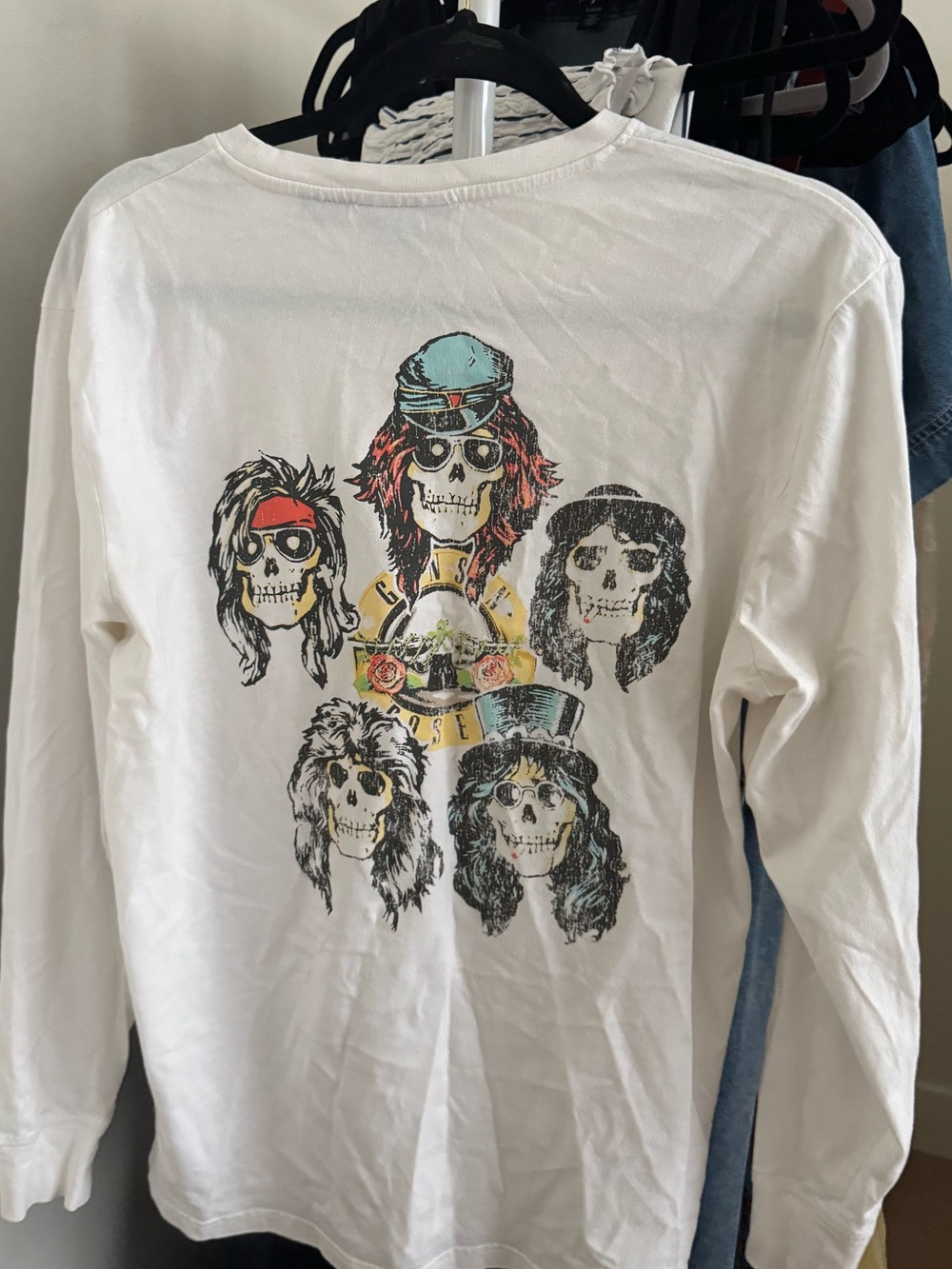 White Long Sleeve Graphic Tee with Skull Band Motif